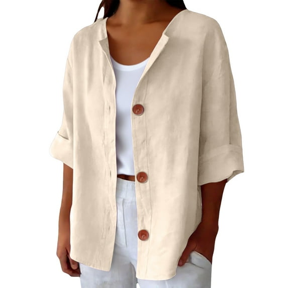 Prolriy Linen Button down Shirt Women Fashion Casual Comfortable Shirt with 3/4 Length Sleeves Womens Tops Beige L