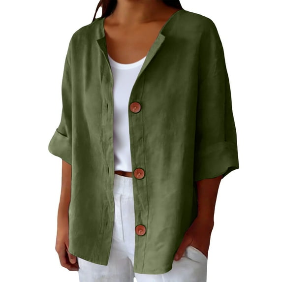 Prolriy Linen Button down Shirt Women Fashion Casual Comfortable Shirt with 3/4 Length Sleeves Womens Tops Blackish Green XXXXL