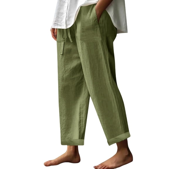 Prolriy Linen Pants Women, Casual Spring and Autumn Button Drape Japanese Wide Leg Lazy Cotton and Linen Solid Color Casual Pants Elastic Loose Trousers for Women, Women's Pants Green M
