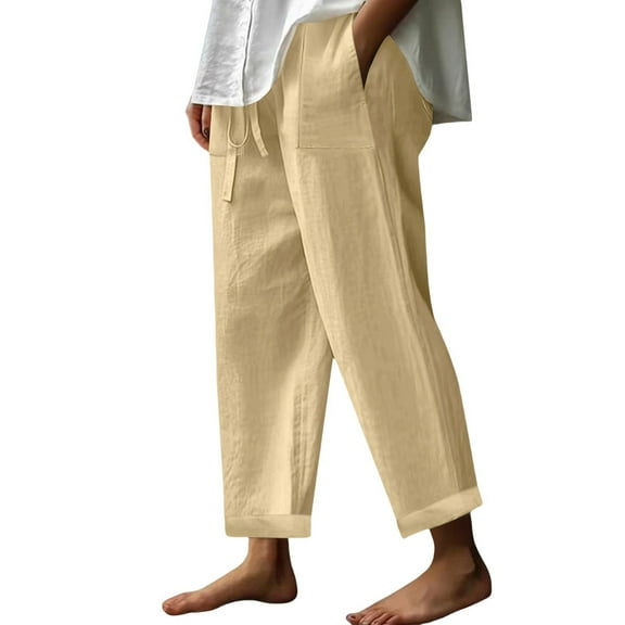 Prolriy Linen Pants Women, Casual Spring and Autumn Button Drape Japanese Wide Leg Lazy Cotton and Linen Solid Color Casual Pants Elastic Loose Trousers for Women, Women's Pants Khaki S