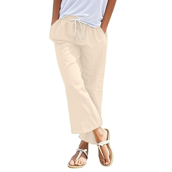 Prolriy Linen Pants Women, Cotton Linen Drawstring Back Elastic Waist Pants Casual Trousers with Pockets Womens Summer Pants Beige XXL