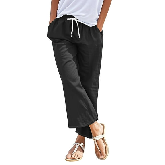 Prolriy Linen Pants Women, Cotton Linen Drawstring Back Elastic Waist Pants Casual Trousers with Pockets Womens Summer Pants Black XXL