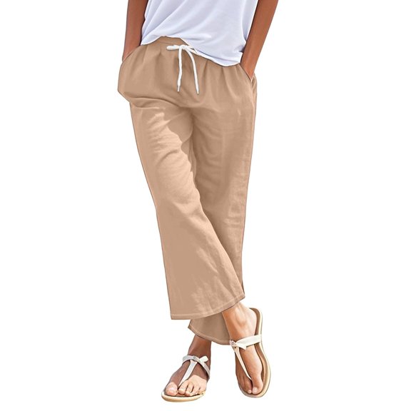 Prolriy Linen Pants Women, Cotton Linen Drawstring Back Elastic Waist Pants Casual Trousers with Pockets Womens Summer Pants Brown XXL