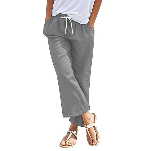Prolriy Linen Pants Women, Cotton Linen Drawstring Back Elastic Waist Pants Casual Trousers with Pockets Womens Summer Pants Grey XXL