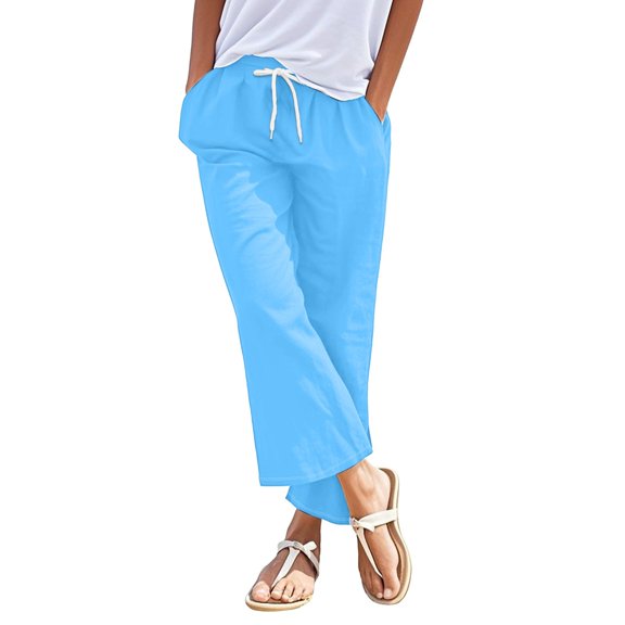 Prolriy Linen Pants Women, Cotton Linen Drawstring Back Elastic Waist Pants Casual Trousers with Pockets Womens Summer Pants Sky Blue XXL