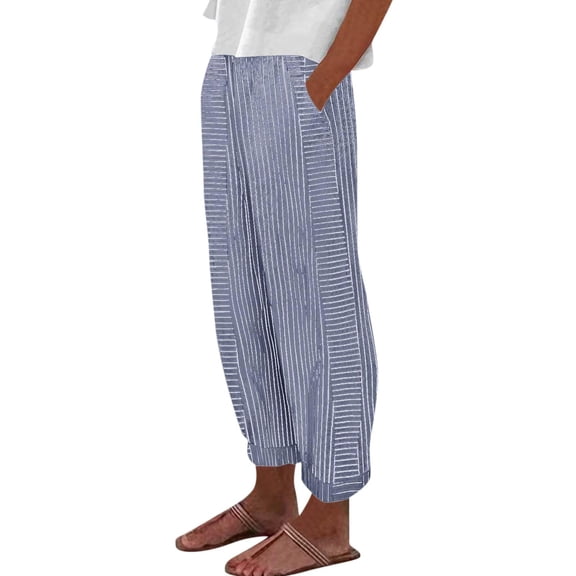 Prolriy Linen Pants Women Flowy Pants for Women Summer Casual Pants Stripe Print Side Trendy Pants Baggy Elastic Waist Straight Leg Comfy Trousers Women's Pants Vacation Outfits for Women Blue XL