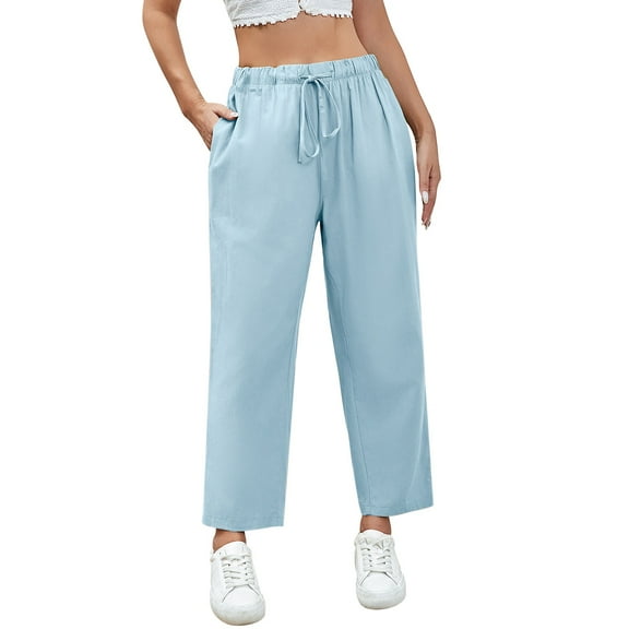 Prolriy Linen Pants Women Flowy Pants for Women, Womens Casual Cotton Linen Pants Lightweight Elastic Waist Cropped Pants Plus Size Solid Trousers Women's Pants Beach Pants Blue M
