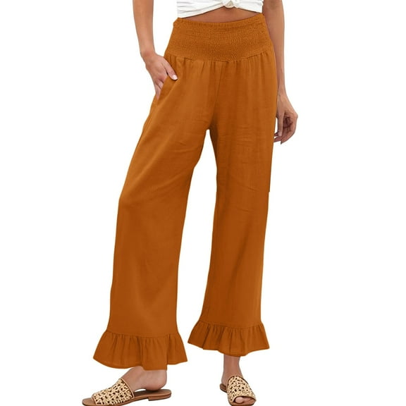 Prolriy Linen Pants Women, Summer Ruffle Wide Leg Pants Woman Smocked Waist Palazzo Pant Boho Flowy Beach Pant with Pockets Women's Pants Orange S