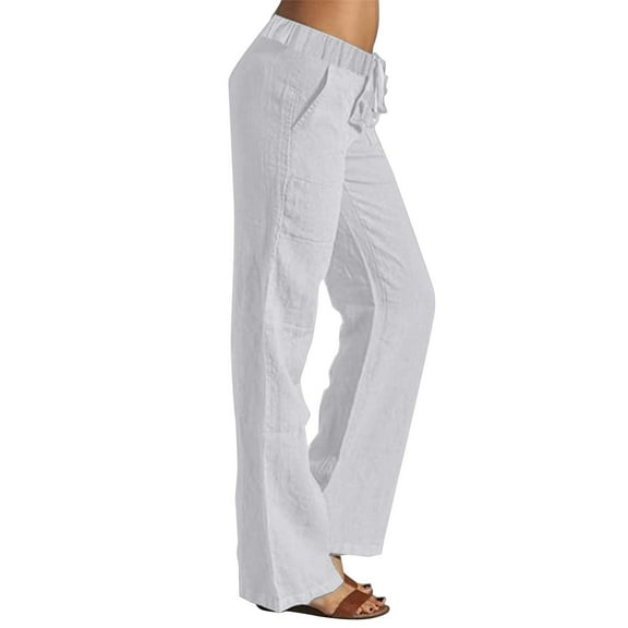 Prolriy Linen Pants Women, Women Linen Pants 2025 Summer Wide Leg High Waisted Palazzo Pants Flowy Beach Trousers with Pockets Women's Pants White XXXXXL