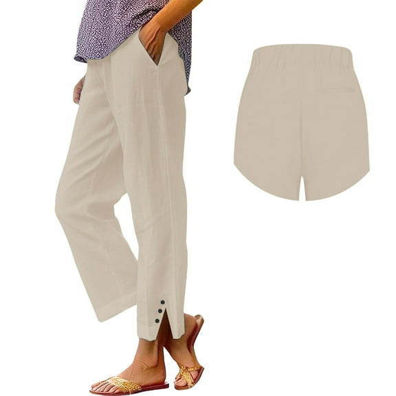Prolriy Linen Pants Women, Women Solid Straight Solid Elastic Pants Long Linen Women Waist Cotton Casual Slit Trouser Legs Pants Summer Pants Beige M