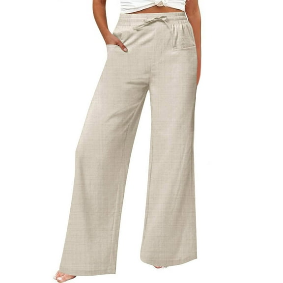 Prolriy Linen Pants Women, Women's Casual Cotton and Linen Wide Leg Pants with Pockets Boho Palazzo High Waisted Trousers Womens Summer Pants Beige M