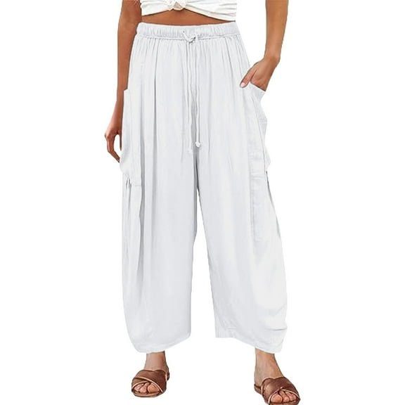 Prolriy Linen Pants Women, Womens Elastic Waisted Pleated High Waisted Wide Leg Pants Loose Casual Cotton and Linen Cropped Pants Beach Casual Pants Womens Summer Pants White XL