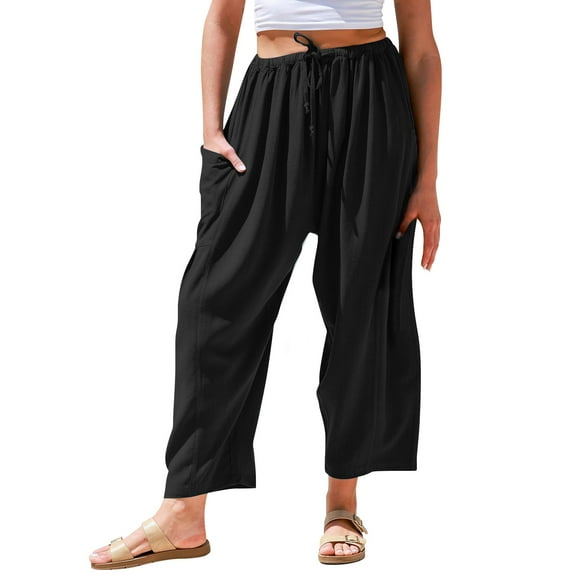 Prolriy Linen Pants Women, Womens Linen Wide Leg Pants Woman Casual Loose Summer Beach Travel Vacation Palazzo Harem Pants with Pockets Women's Pants Black M