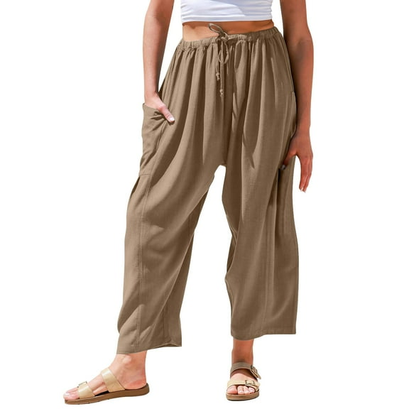 Prolriy Linen Pants Women, Womens Linen Wide Leg Pants Woman Casual Loose Summer Beach Travel Vacation Palazzo Harem Pants with Pockets Women's Pants Coffee L
