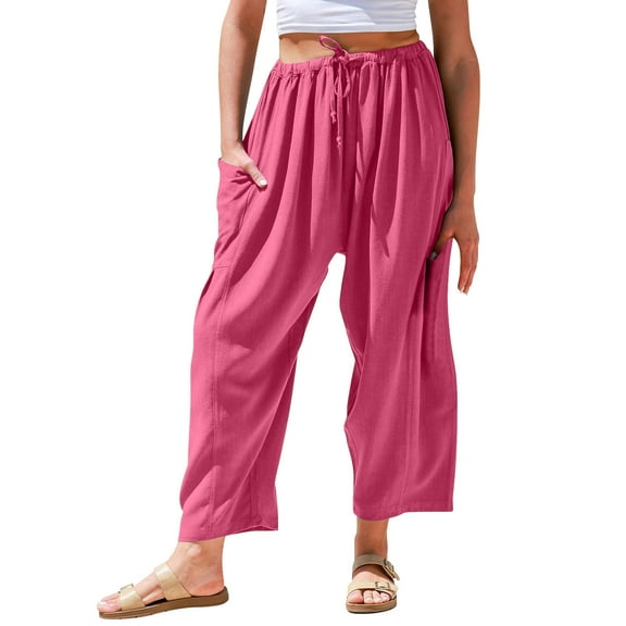 Prolriy Linen Pants Women, Womens Linen Wide Leg Pants Woman Casual Loose Summer Beach Travel Vacation Palazzo Harem Pants with Pockets Women's Pants Hot Pink M