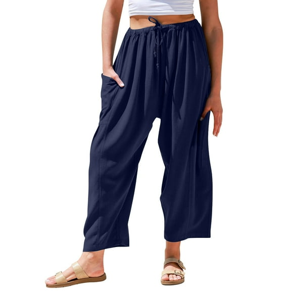 Prolriy Linen Pants Women, Womens Linen Wide Leg Pants Woman Casual Loose Summer Beach Travel Vacation Palazzo Harem Pants with Pockets Women's Pants Navy L
