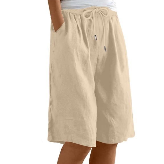 Prolriy Linen Shorts for Women, Casual Summer Knee Length Wide Leg High Waisted Elastic with Pockets Women's Shorts Beige XL
