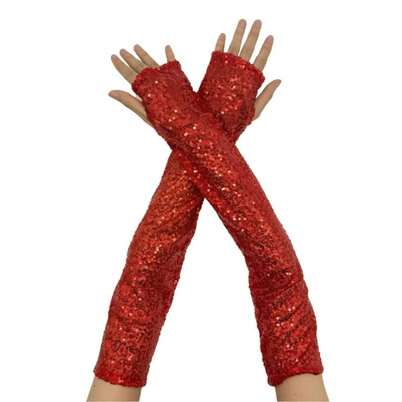 Prolriy Long Gloves Women Formal Fashion Sparkly Gloves Sequins Long Gloves Fingerless Elastic Gloves Glitter Costume for Women and Girls Opera Gloves Red