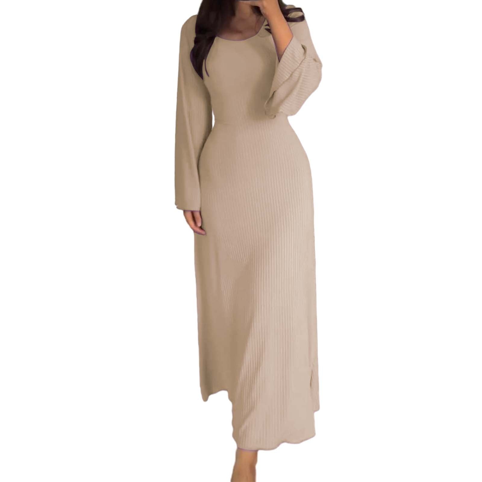 Prolriy Long Sleeve Dress for Women Elegant Bodycon Dress Crew Neck Long  Dress Elegant Long Sleeve Ribbed Bodycon Maxi Dresses Womens Dresses Beige  M - Walmart.com