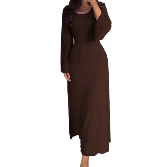 Prolriy Long Sleeve Dress for Women Elegant Bodycon Dress Crew Neck Long Dress Elegant Long Sleeve Ribbed Bodycon Maxi Dresses Womens Dresses Brown L