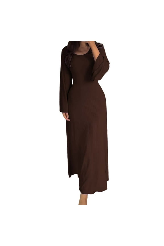Long Sleeve Dress for Women Elegant Bodycon Dress Crew Neck Long Dress Elegant Long Sleeve Ribbed Bodycon Maxi Dresses Womens Dresses Brown L