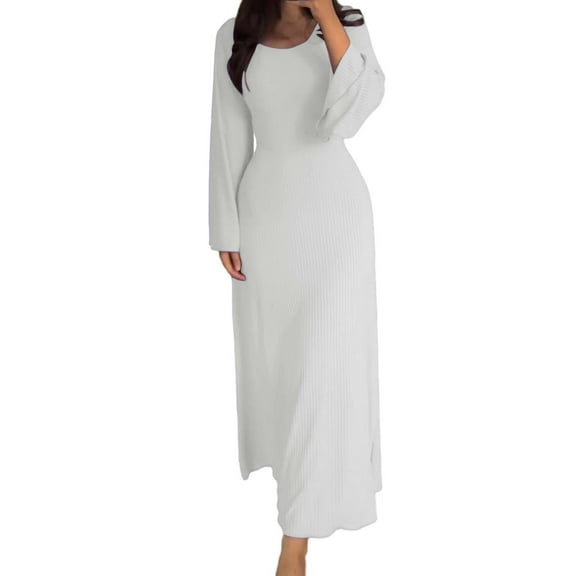 Prolriy Long Sleeve Dress for Women Elegant Bodycon Dress Crew Neck Long Dress Elegant Long Sleeve Ribbed Bodycon Maxi Dresses Womens Dresses White S