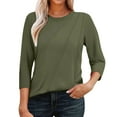 thumbnail image 1 of Prolriy Long Sleeve Shirts for Women 3/4 Length Sleeve Womens Tops Round Neck Blouses Casual Basic Pleated Shirts 2025 Womens Tops Spring Summer Tops for Women Army Green L, 1 of 8