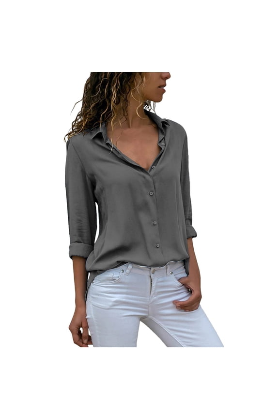 Long Sleeve Shirts for Women Long Ol Womens Tops Casual Loose Shirt Chiffon Blouse Sleeve Ladies Women's Blouse Womens Tops Spring Summer Tops for Women Grey S