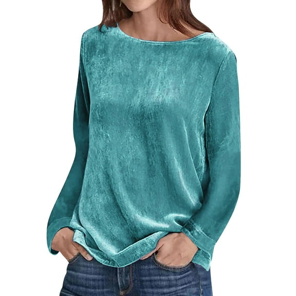 Prolriy Long Sleeve Shirts for Women Velvet Tops for Women Long Sleeve Round Neck Shirt Blouse Pullove Solid Casual Tee Shirt Trendy Velvet Tops Sexy Tops for Women Blue2 XXL