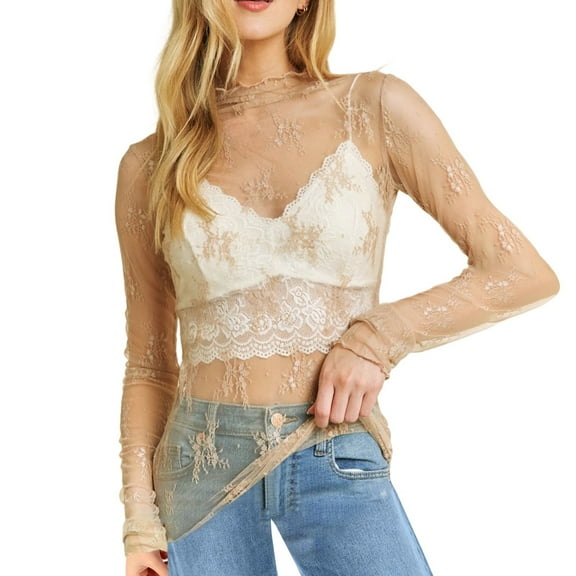 Prolriy Long Sleeve Shirts for Women, Women's 2025 Mesh Crop Top Long Sleeve Mock Neck Lace Floral See Through Y2K Shirt Blouses Womens Tops Spring Summer Tops for Women Beige M