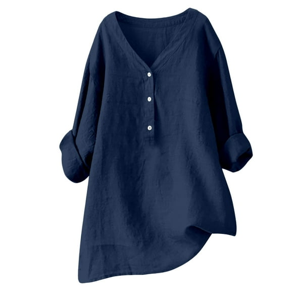 Prolriy Long Sleeve Shirts for Women, Women's Solid Color V Neck down Cotton Linen Long Sleeved Blouse Womens Tops Spring Summer Tops for Women Dark Blue S