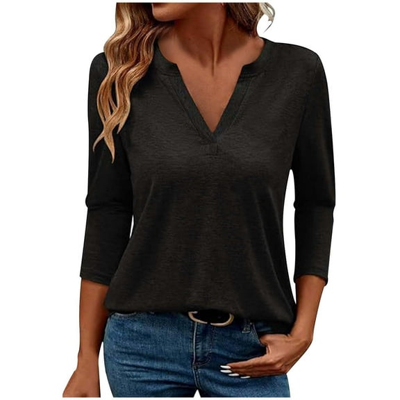 Prolriy Long Sleeve Shirts for Women, Womens Casual 3/4 Sleeve Shirts V Neck Cute Tunic Tops Basic Solid Tees Blouses Casual Daily Summer Tees Sexy Tops for Women Black XXXL