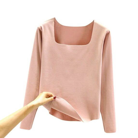 Prolriy Long Sleeve Shirts for Women, Women Autumn/Winter Solid Color Body Fit Square Neck Long Sleeve Thermal Top Thermal Tops for Women Pink XXL