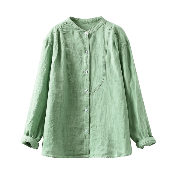 Prolriy Long Sleeve Shirts for Women, Women's Oversized Muslin Blouse, V-Neck Linen Button down T-Shirt Womens Tops Green XL