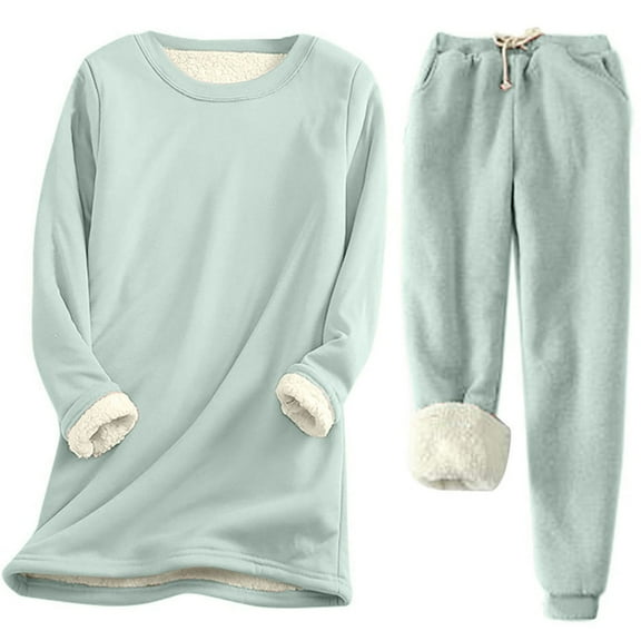 Prolriy Lounge Sets for Women, Women's Solid Color Fashionable Casual Autumn and Winter Warm Plush Long Sleeved Pants Set Two Piece Sets for Women Mint Green S