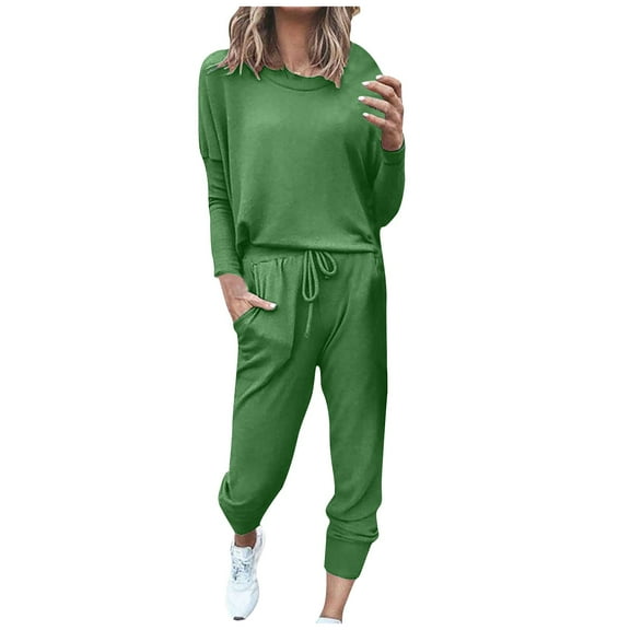 Prolriy Lounge Sets for Women, Women's Two Outfit Long Sleeve Crewneck Pullover Tops and Long Pants Tracksuit Sweatsuits with Sweatpants Two Piece Sets for Women Green L