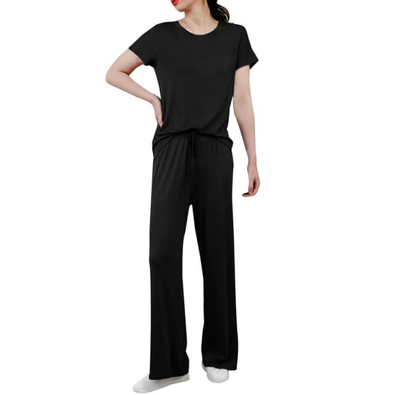 Prolriy Lounge Sets for Women, Women's Spring and Summer Short Sleeved Pajamas Casual Wide Leg Pants Clothes Two Piece Sets for Women Black XL