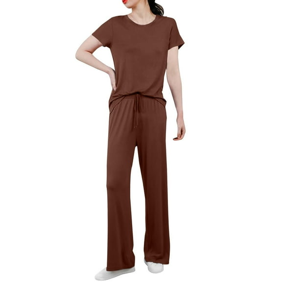 Prolriy Lounge Sets for Women, Women's Spring and Summer Short Sleeved Pajamas Casual Wide Leg Pants Clothes Two Piece Sets for Women Coffee M