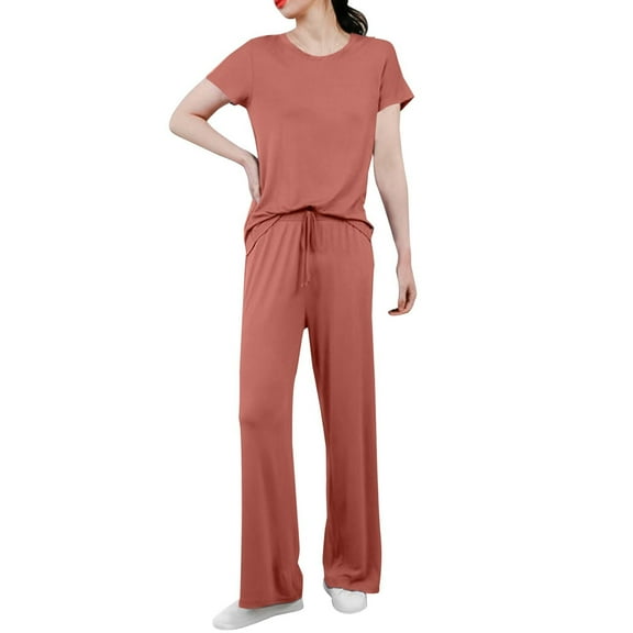 Prolriy Lounge Sets for Women, Women's Spring and Summer Short Sleeved Pajamas Casual Wide Leg Pants Clothes Two Piece Sets for Women Pink M