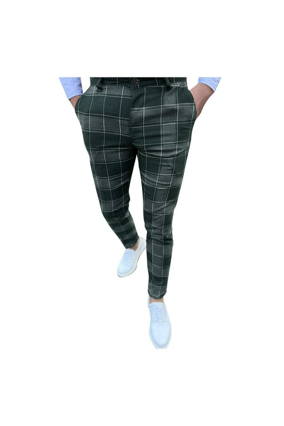 Mens Dress Pants Male Spring Rolled Trousers Plaid Mid Waist Button Multi Pockets Casual Cropped Pants Men's Pants Green L
