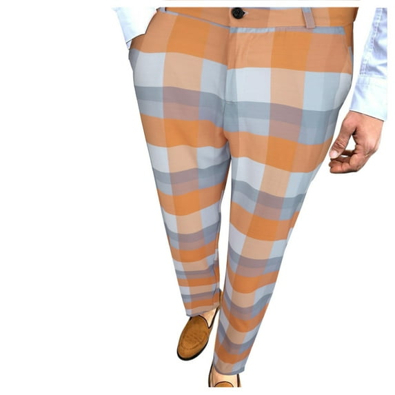 Prolriy Mens Dress Pants Men's Casual Plaid Print Party Suit Pants Feet Pants with Pockets Men's Pants Orange M