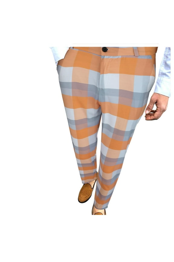 Mens Dress Pants Men's Casual Plaid Print Party Suit Pants Feet Pants with Pockets Men's Pants Orange XXXL