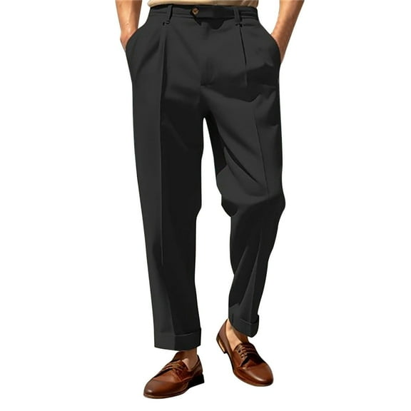Prolriy Mens Dress Pants Men's Suit Trousers with Pleat and Expandable Waistband Classic Cut Outwear Men's Pants Black L