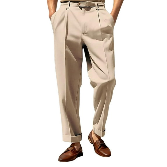 Prolriy Mens Dress Pants Men's Suit Trousers with Pleat and Expandable Waistband Classic Cut Outwear Men's Pants Khaki L