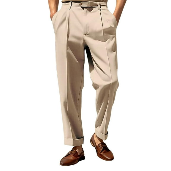 Prolriy Mens Dress Pants Men's Suit Trousers with Pleat and Expandable Waistband Classic Cut Outwear Men's Pants Khaki S