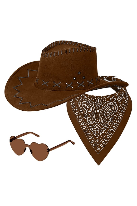 Mens Hats, Western Cowboy Hat Scarf and Glasses Set Cowboy Hats for Women Coffee