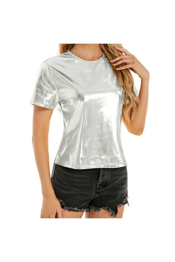 Metallic Blouse Women's Casual Glossy T-Shirt, Loose Round Neck Shirts for Women Silver XXL