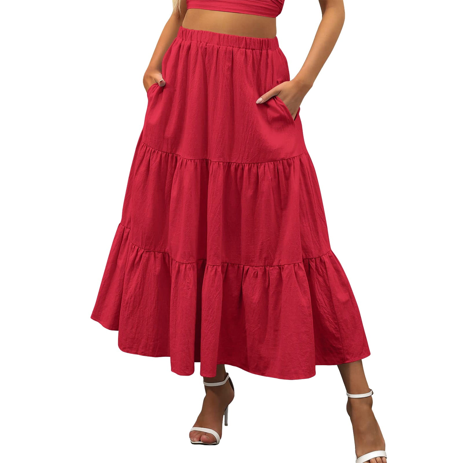 Prolriy Midi Skirt Long Swing Women s Dress Boho Pleated Elastic Waist with Pockets Flowy Summer A Line Beach Tiered Skirts for Women Red XL