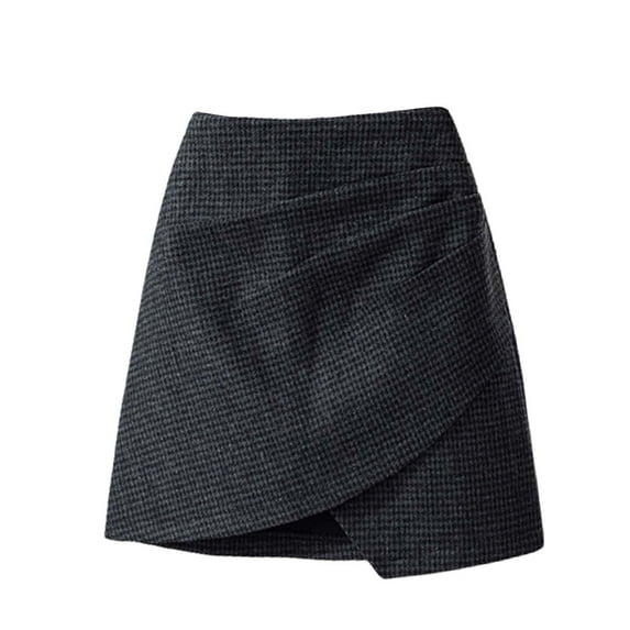Prolriy Mini Skirt 2024 Woolen Short Skirt Houndstooth Bag Hip Skirt Autumn and Winter Waist Thin All Irregular A Line Skirts for Women Black L