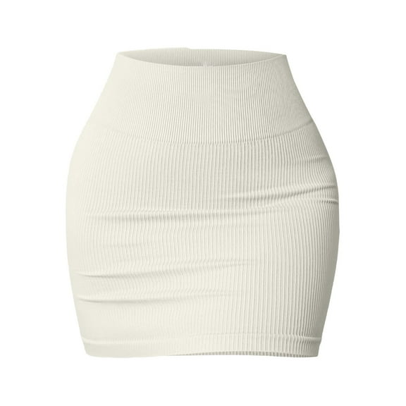Prolriy Mini Skirt Women's 1 Piece Skirts Basic Versatile Stretchy Ribbed Casual High Waist Mini Skirts for Women Beige L